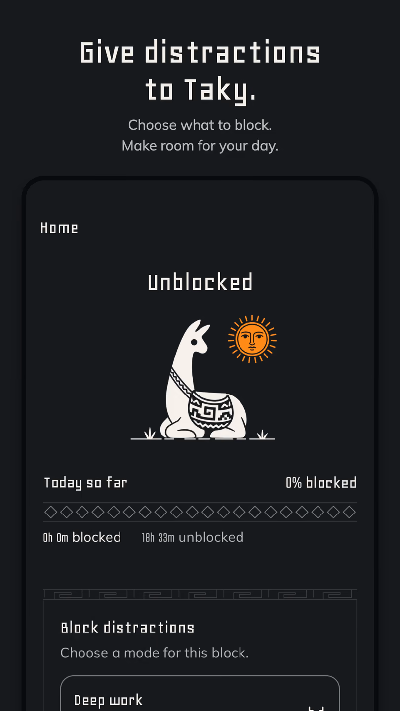 Taky Home with the guardian llama, focus history, and Deep work blocking mode.